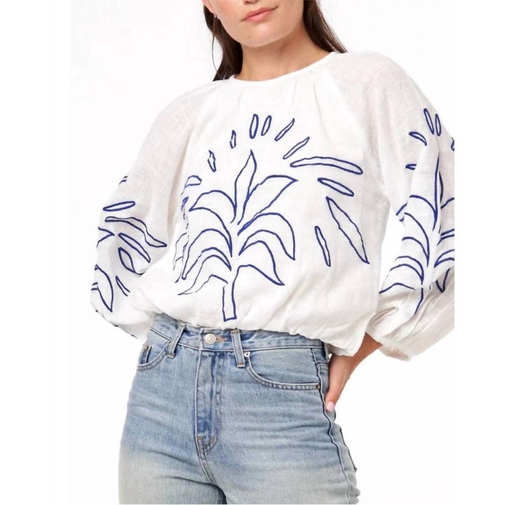 CIEBON embroidered bishop sleeve bubble top in white Medium